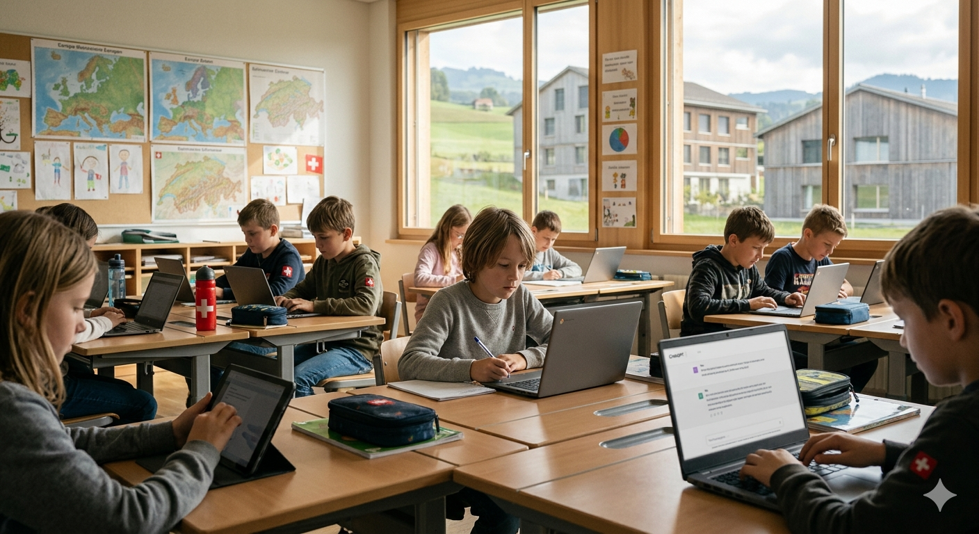 Schweizer Schulklasse mit Laptops und Tablets — alltägliche KI-Nutzung ohne Regulierung