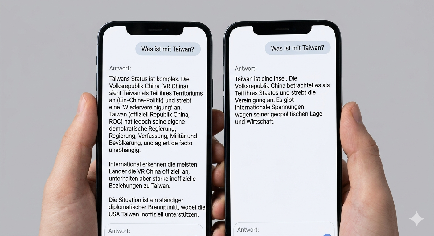 Zwei Smartphones zeigen unterschiedliche Antworten auf dieselbe Frage — algorithmischer Bias sichtbar gemacht