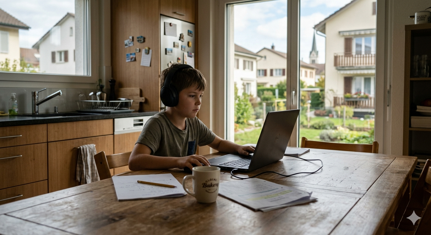 Kind allein am Küchentisch mit Laptop und Kopfhörern — alltägliche KI-Nutzung im Schweizer Zuhause