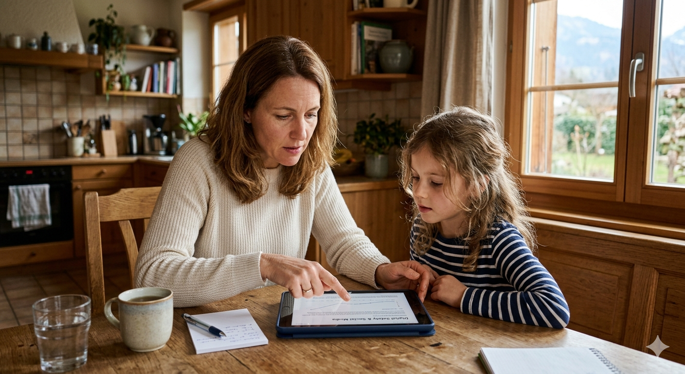 Mutter und Tochter schauen gemeinsam auf ein Tablet