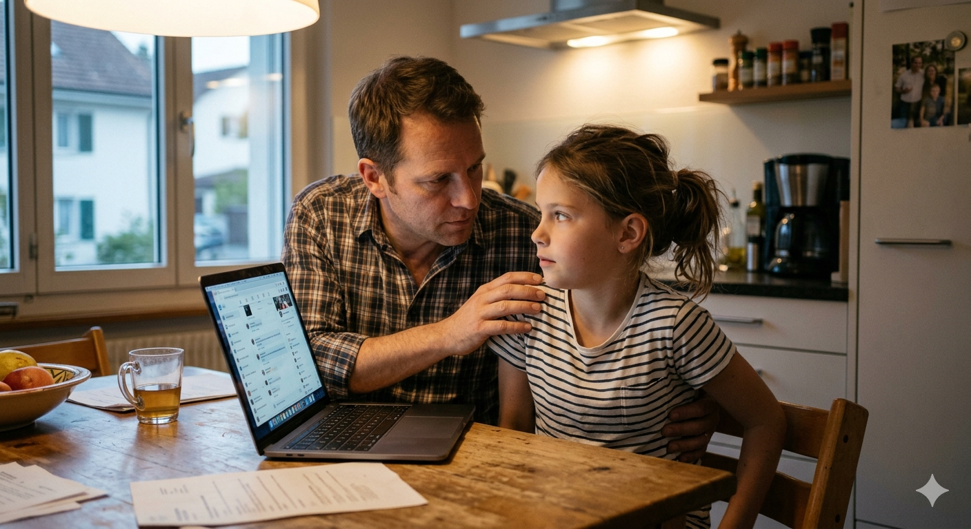 Vater und Tochter schauen gemeinsam auf den Laptop
