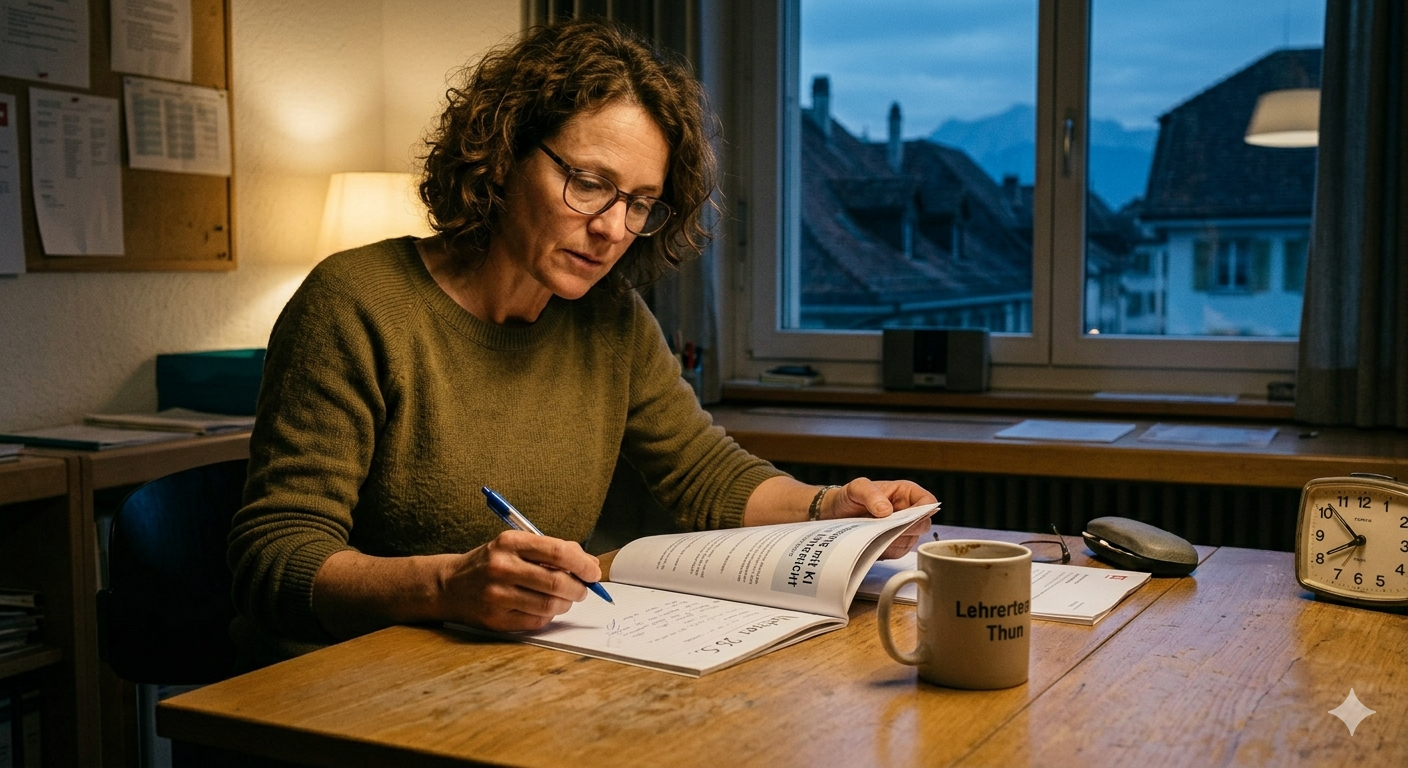 Mutter liest abends Dokument am Schreibtisch mit Alpenblick