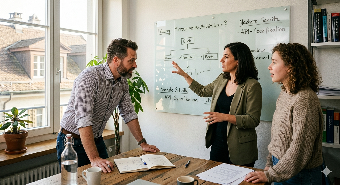 Drei Personen im modernen Büro diskutieren vor einem Whiteboard mit deutschen Notizen