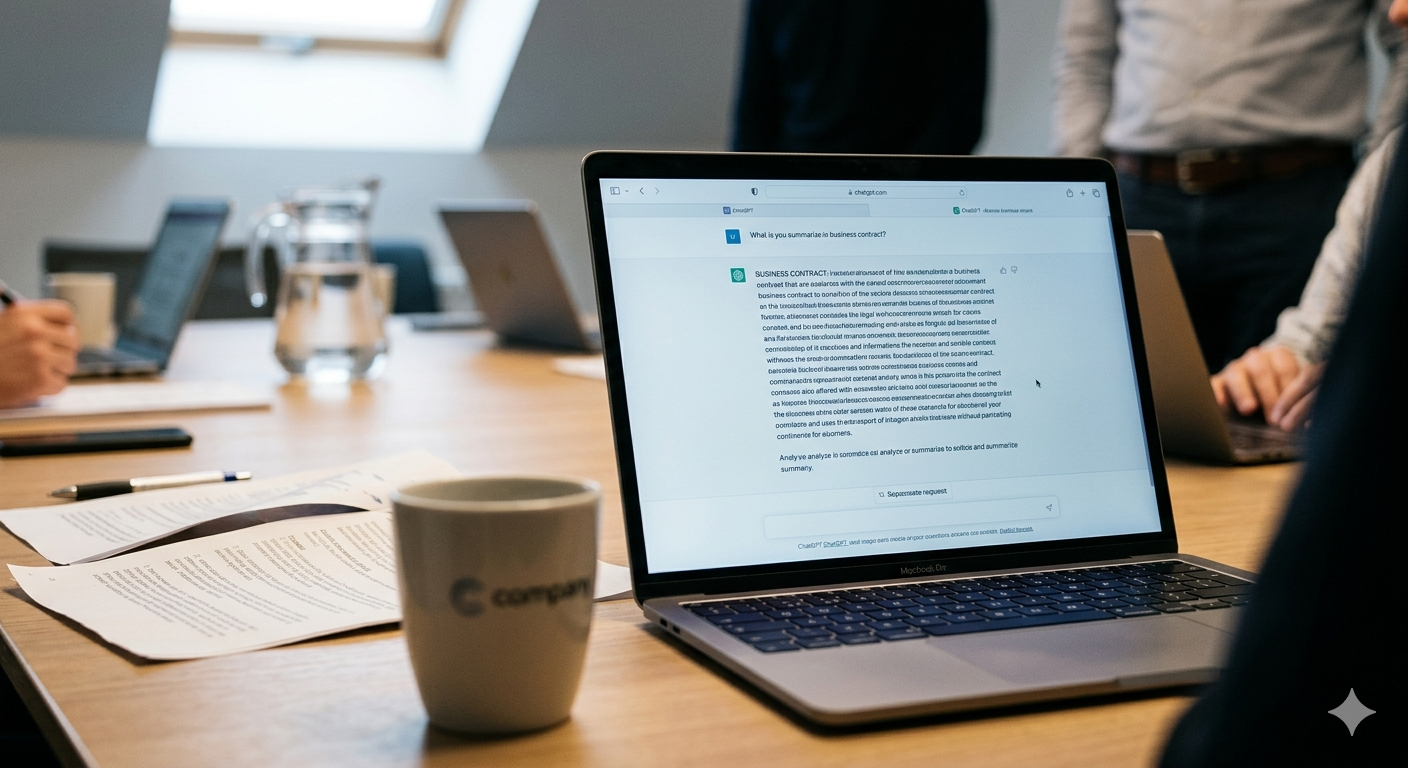 Laptop im Sitzungszimmer zeigt ChatGPT mit Vertragstext — Geschäftsdaten in ausländischer KI