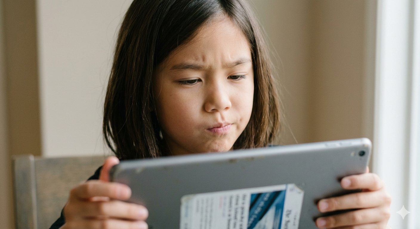 Kind schaut skeptisch auf ein Tablet