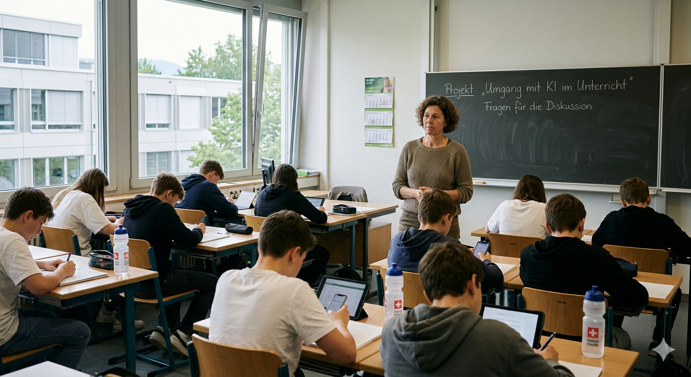 Lehrerin beobachtet Klasse — Tafel: Umgang mit KI im Unterricht