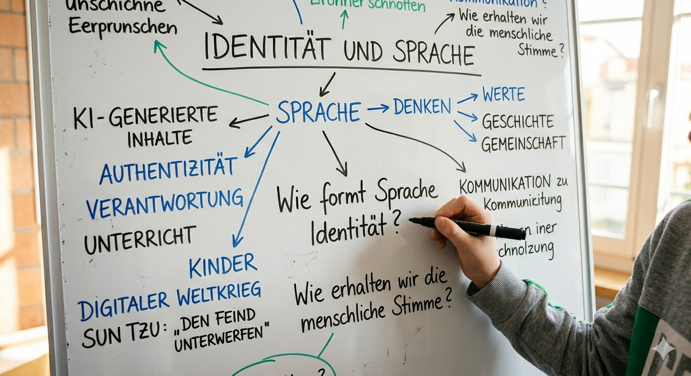 Whiteboard-Mindmap zu Identität, Sprache und KI-generierten Inhalten