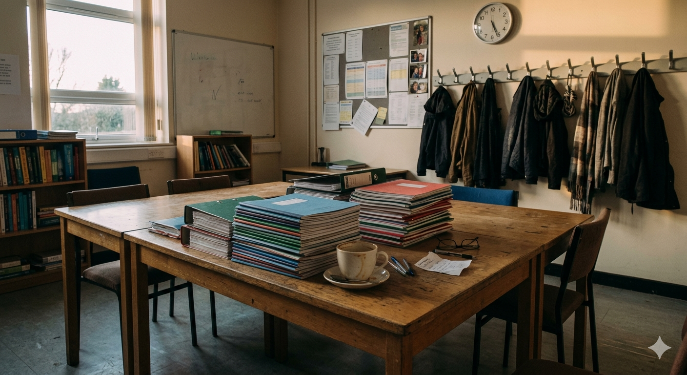 Leeres Lehrerzimmer mit Aktenstapeln, Kaffeetasse und Mänteln