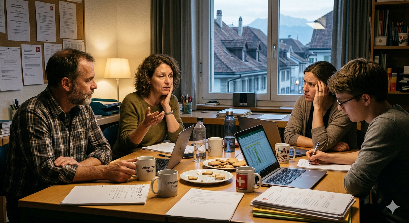 Vier Lehrpersonen abends im Schulzimmer in Thun — Laptops, Schweizer Becher, Alpenblick