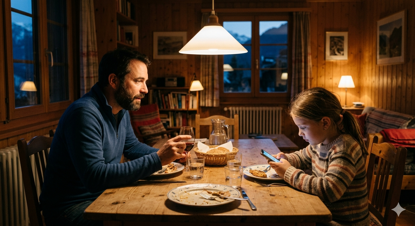 Vater und Tochter beim Abendessen, Kind am Smartphone – fehlende Verbindung