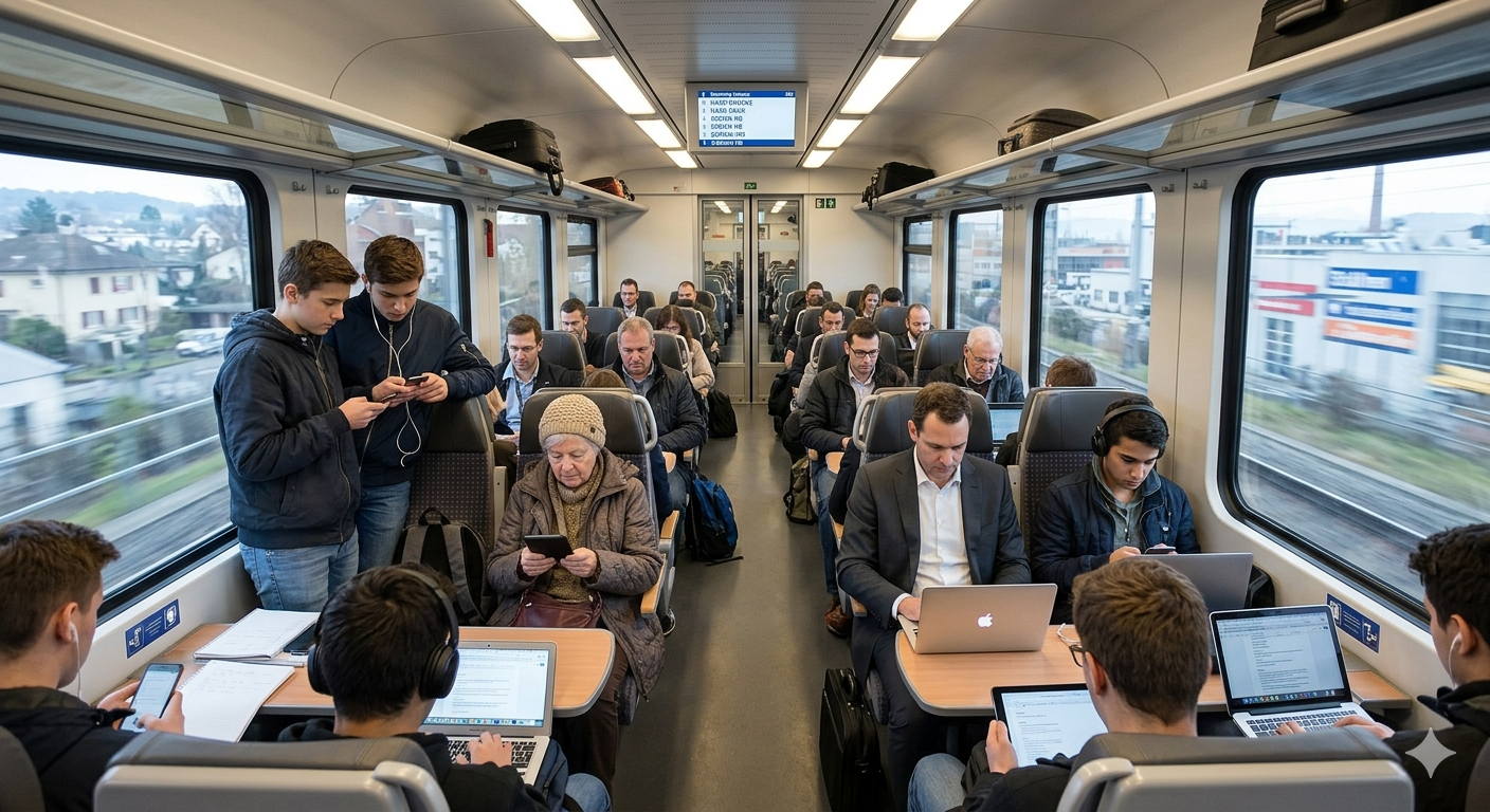 Vollbesetzter Schweizer Pendlerzug – alle auf Geräten