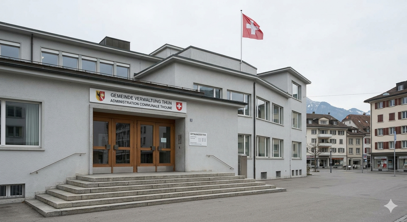 Schweizer Gemeindehaus mit Bundesfahne – leere Treppe