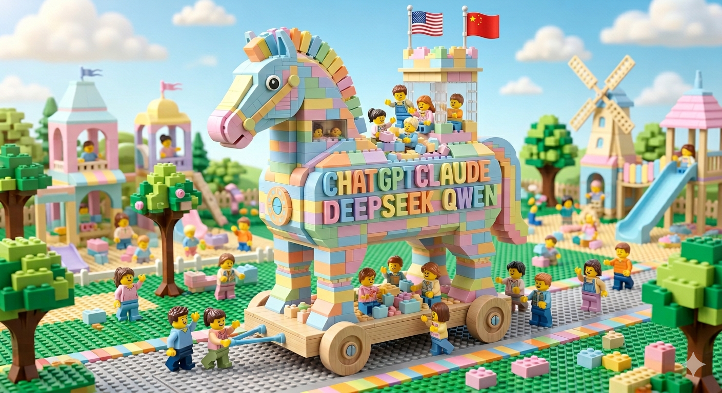 Trojanisches Pferd aus Lego mit US- und Chinaflagge, Aufschrift ChatGPT, Claude, DeepSeek, Qwen — umringt von spielenden Kindern.